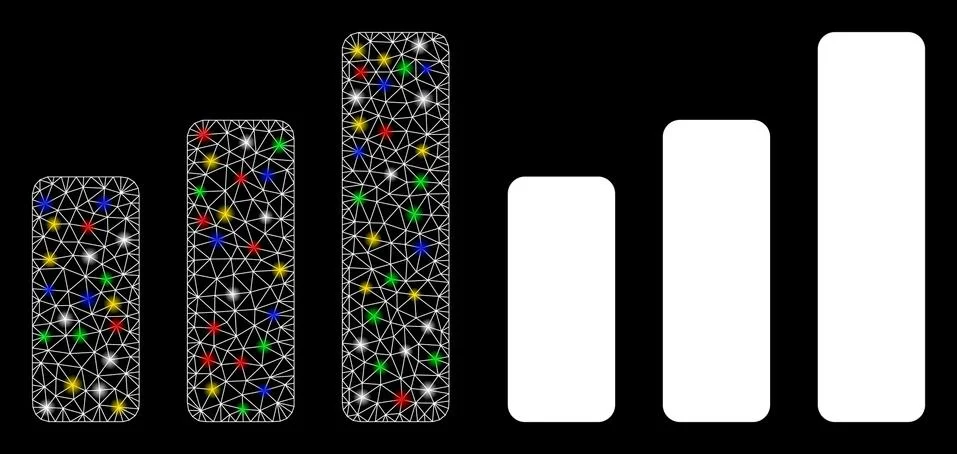 Glowing Mesh Wire Frame Bar Chart Increase Icon with Light Spots 스톡 일러스트