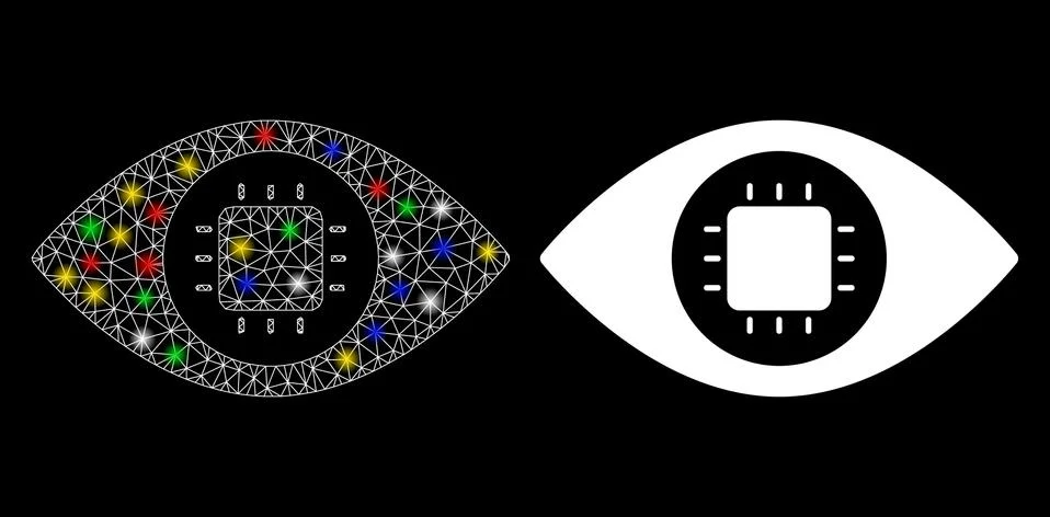 Glowing Mesh Wire Frame Bionic Eye Circuit Icon with Flare Spots 스톡 일러스트