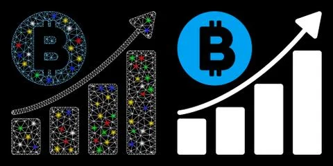 Glowing Mesh Wire Frame Bitcoin Bar Chart Trend Icon with Flare Spots Ilustración de archivo