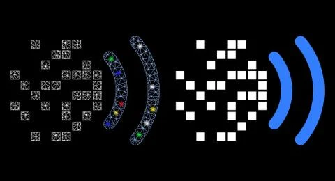 Glowing Mesh Wire Frame Data Transmission Icon with Light Spots 스톡 일러스트
