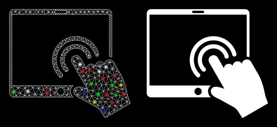 Glowing Mesh Wire Frame Double Click Tablet Icon with Flash Spots Illustrazione stock