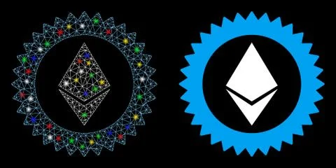 Glowing Mesh Wire Frame Ethereum Stamp Seal Icon with Light Spots 스톡 일러스트