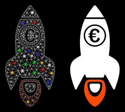 Glowing Mesh Wire Frame Euro Rocket Launch Icon with Flash Spots Stock Illustration