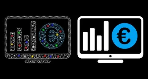 Glowing Mesh Wire Frame Euro Market Monitoring Icon with Light Spots Illustrazione stock