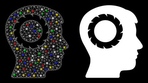 Glowing Mesh Wire Frame Human Memory Wheel Icon with Flash Spots Illustrazione stock