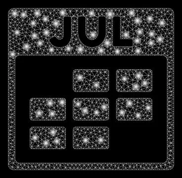 Glowing Mesh Wire Frame July Calendar Grid with Flare Spots Stock Illustration