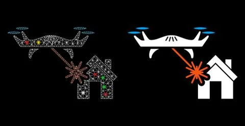 Glowing Mesh Wire Frame Laser Drone Attacks House Icon with Flash Spots Stock Illustration