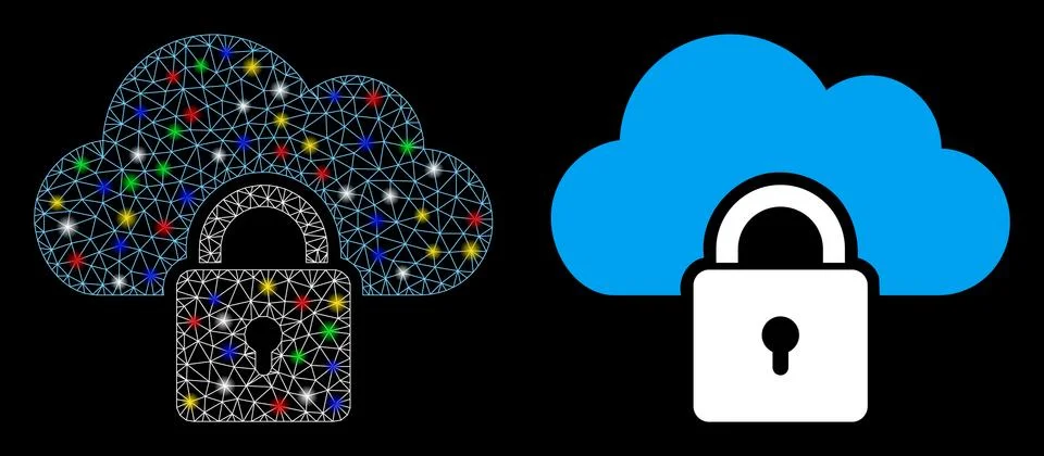 Glowing Mesh Wire Frame Locked Cloud Icon with Light Spots イラスト素材