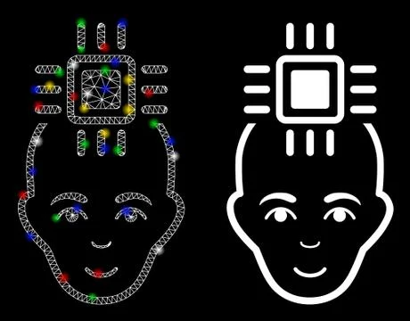 Glowing Mesh Wire Frame Neural Computer Interface Icon with Light Spots 스톡 일러스트