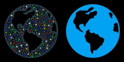 Glowing Mesh Wire Frame Planet Earth Icon with Light Spots 스톡 일러스트