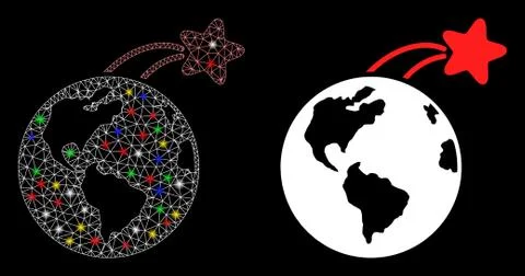 Glowing Mesh Wire Frame Rising Satellite on Earth Icon with Light Spots Stock Illustration