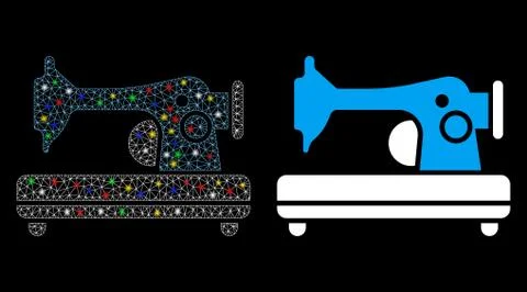 Glowing Mesh Wire Frame Sewing Machine Icon with Flash Spots Illustrazione stock