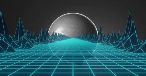 Glowing metallic sphere hovering over turquoise wireframe grid in virtual Stock Photos