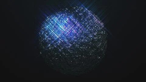 Glowing metallic textured sphere emitting blue neon light rays Stock Illustration