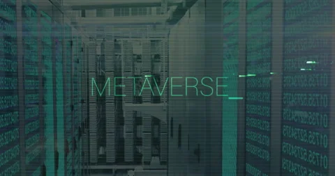 Glowing METAVERSE text appearing over server racks upon code cascade Stock Footage 312486164