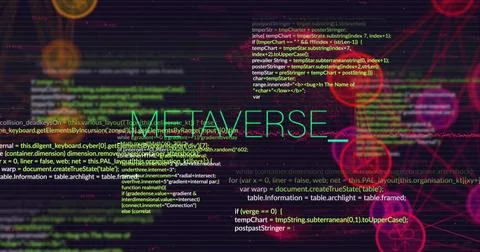 Glowing METAVERSE text floating in virtual interface, layering code with var 스톡 사진