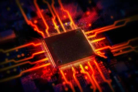 Glowing Microchip on Advanced Circuit Board 스톡 사진