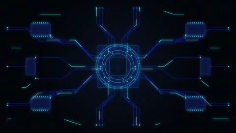 Glowing microchip circuit board with digital data network animation Stock Footage 347198948