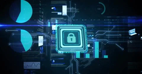 Glowing microchip displaying padlock icon in cyber network, with holographic Stock Photos