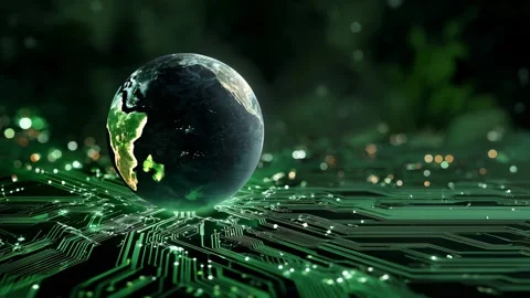 Glowing microchip powers a rotating Earth globe Stock Footage 315291919