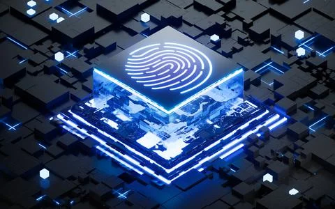 Glowing microchip processor and fingerprint recognition system, 3d rendering. Illustrazione stock