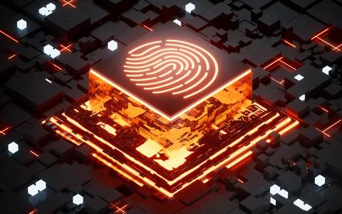 Glowing microchip processor and fingerprint recognition system, 3d rendering. Stock Illustration