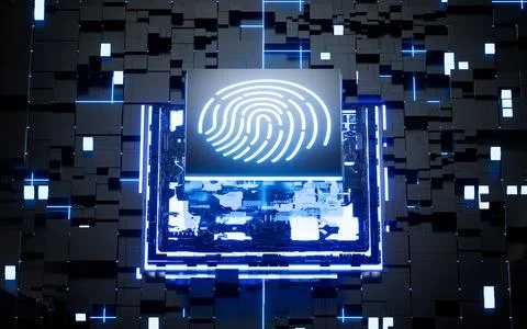 Glowing microchip processor and fingerprint recognition system, 3d rendering. Stock Illustration