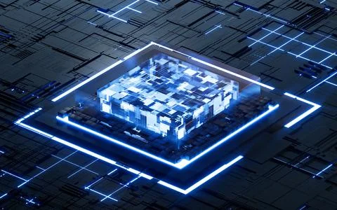 Glowing microchip processor with black circuit board, 3d rendering. Stock Illustration