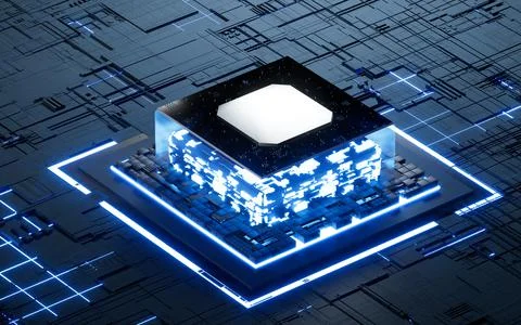 Glowing microchip processor with black circuit board, 3d rendering. Stock Illustration