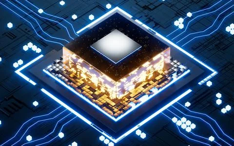 Glowing microchip processor with black circuit board, 3d rendering. Stock Illustration