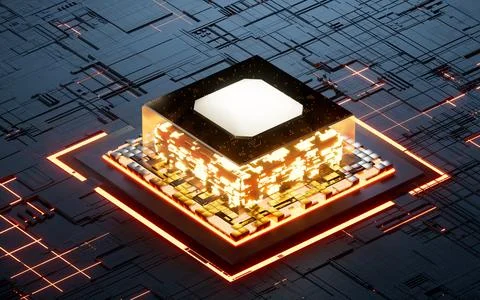 Glowing microchip processor with black circuit board, 3d rendering. Illustrazione stock