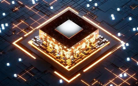 Glowing microchip processor with black circuit board, 3d rendering. Stock Illustration