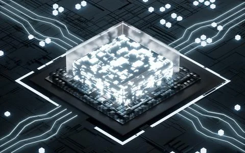 Glowing microchip processor with black circuit board, 3d rendering. Illustrazione stock