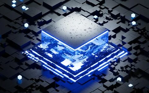 Glowing microchip processor with black circuit board, 3d rendering. Illustrazione stock