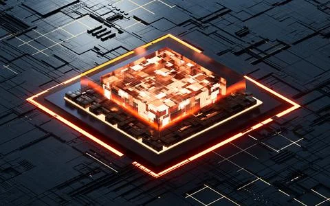 Glowing microchip processor with black circuit board, 3d rendering. Illustrazione stock