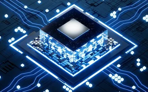 Glowing microchip processor with black circuit board, 3d rendering. Illustrazione stock