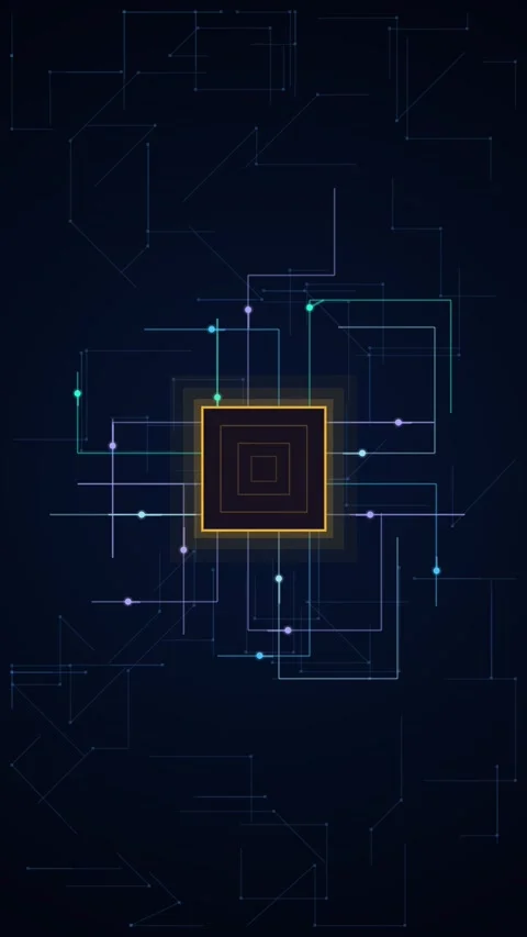 Glowing microchip pulses on blue circuit board, vertical corporate loop Stock Footage 345537568