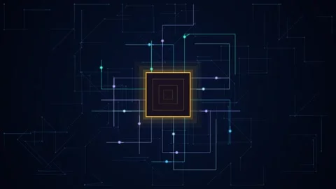 Glowing microchip pulses on blue circuit board, corporate technology loop Stock Footage 345537662