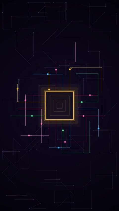 Glowing microchip pulses on violet circuit board, vertical loop Stock Footage 345538832