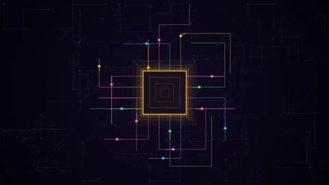 Glowing microchip pulses on violet circuit board, seamless loop Stock Footage 345538892