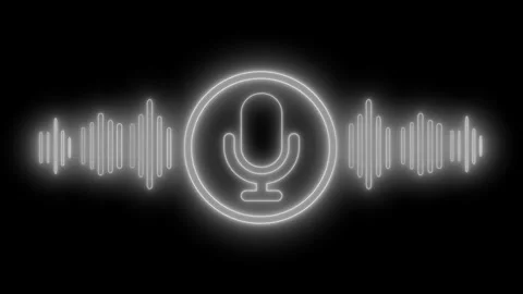 Glowing microphone icon with sound waves animation on a black background Stockbeeldmateriaal 321708265
