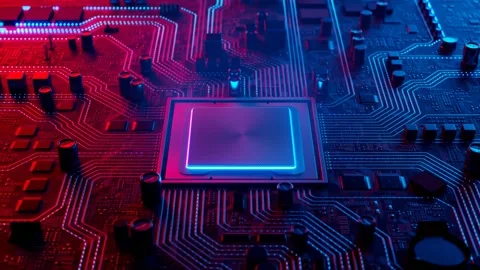 Glowing Microprocessor on Neon Circuit Board with Blue Data Flow Video stock 145766880