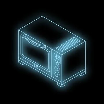 Glowing microwave oven with isometric view and black background Stock Illustration
