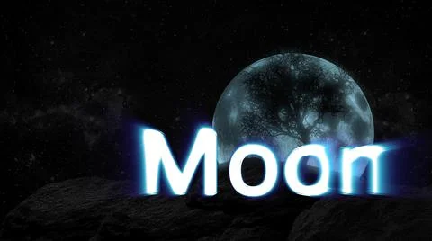 Glowing Moon text in front of tree , moon at the background. Ilustração Stock