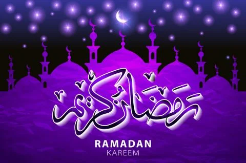 Glowing mosque, moon and star on a purple background. Ramadan Kareem. Vecto.. Stock-Illustration