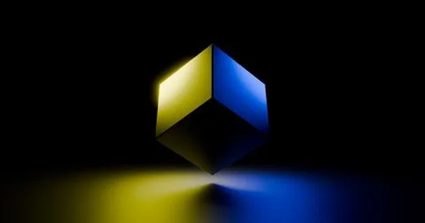 Glowing multi-colored luminescent 3D cube on a dark background, wallpaper, .. Stock Illustration