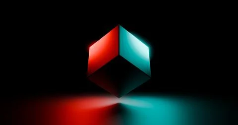 Glowing multi-colored luminescent 3D cube on a dark background, wallpaper, .. Stock Illustration