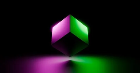 Glowing multi-colored luminescent 3D cube on a dark background, wallpaper, .. Stock Illustration