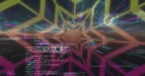 Glowing multi-pointed star radiating neon streaks in virtual cyberspace, with Stock Illustration