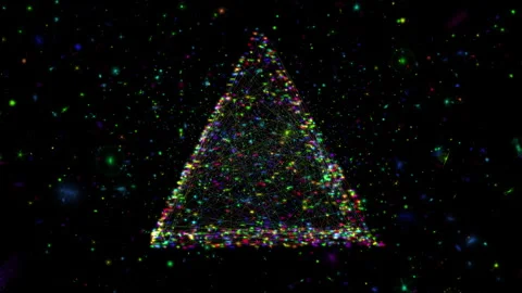 Glowing Multicolor Particles Forming Spinning 3D Triangle, Abstract Dark Motion Stock Footage 333758353